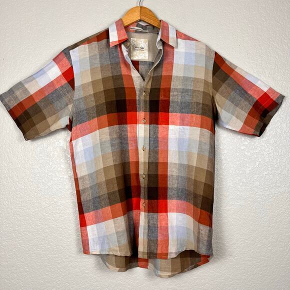 Tasso Elba Island Button Up Mens Medium Linen Blend Madras Plaid Short Sleeve‎ - Picture 1 of 5